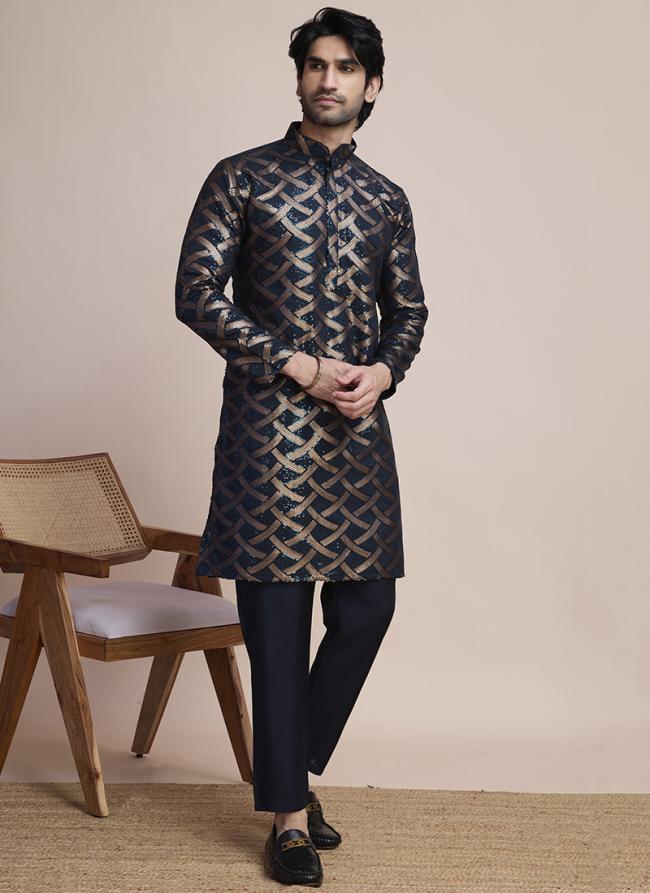 Silk Navy Blue Party Wear Sequins Work Readymade Kurta